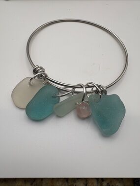 Sea Glass Charm Bangle Bracelet - Teal & Seafoam